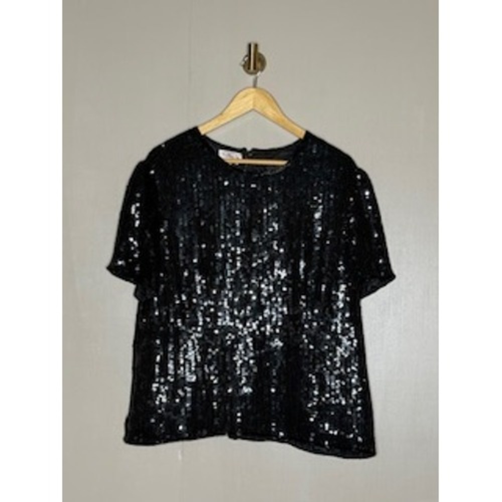 Talbots Black Sequin Top Women XL Evening Party Cocktail Sparkle Blouse
